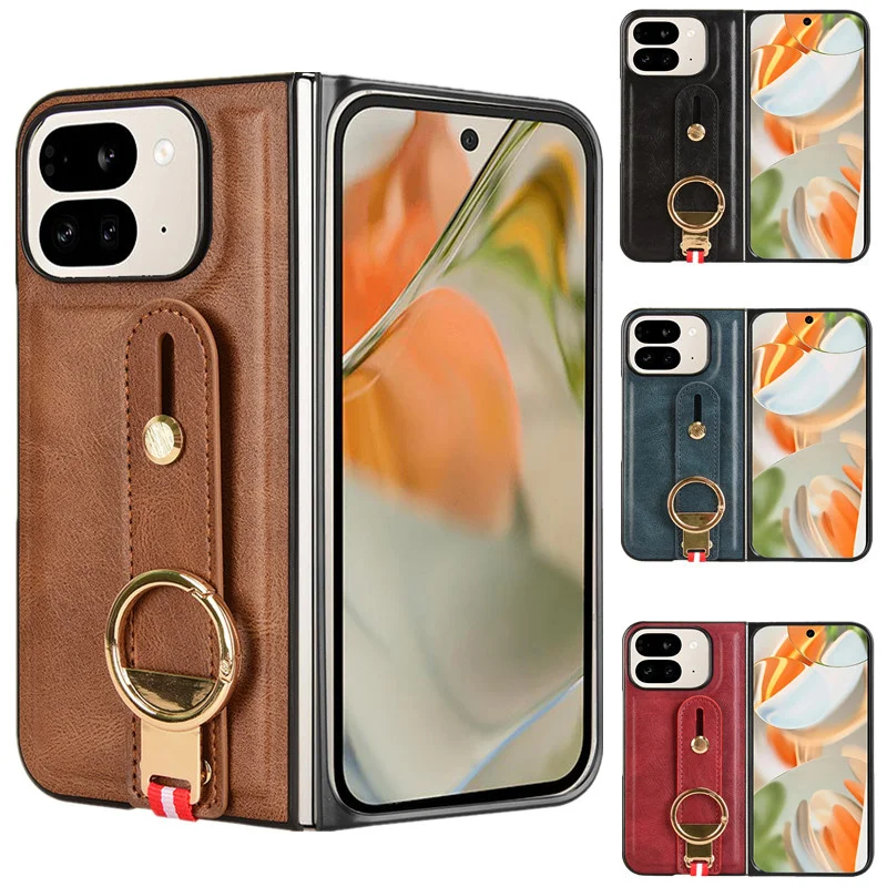 Luxury Wristband Leather Stand Case for Google Pixel 10 9 Pro Fold Cover Foldable With Ring Opener Hook Coque Fundas Capa