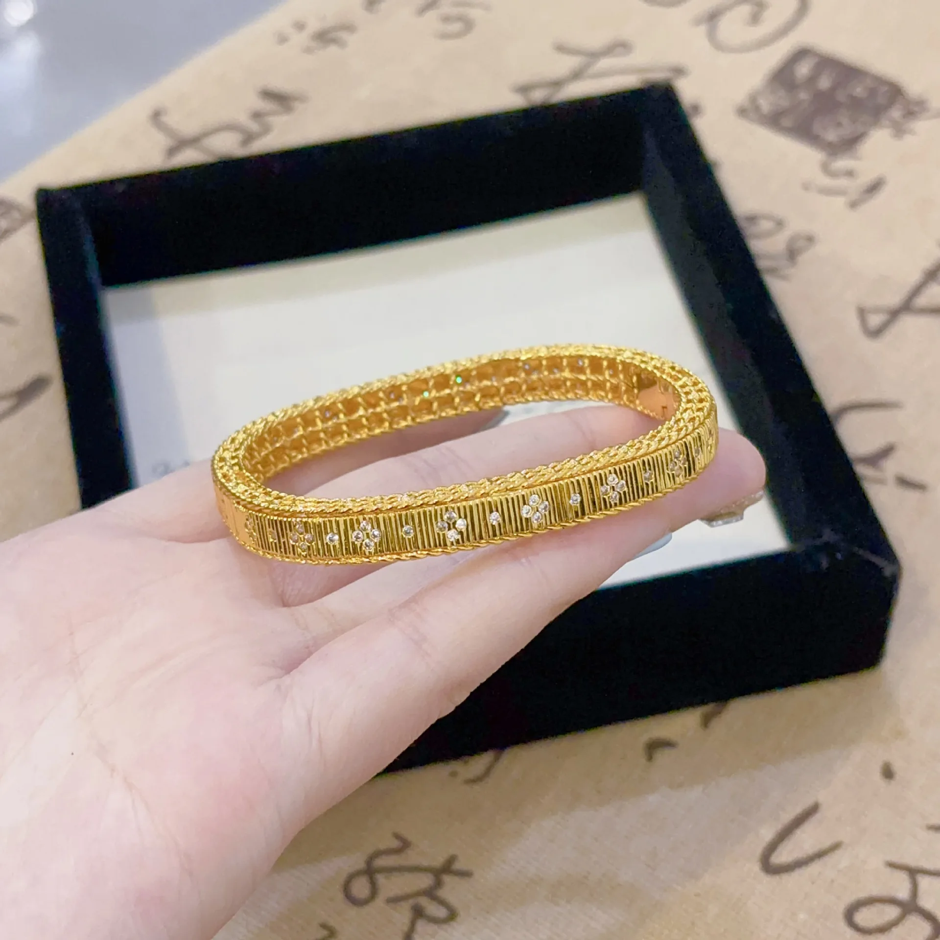 Luxury 24K 9999 Pure Gold real gold Women's Brushed Diamond Buckle Bracelet Square Stud Earrings - Image 4