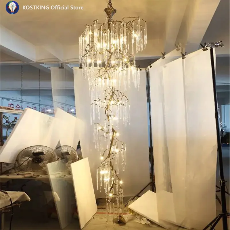 Vintage Crystal High Ceilings Staircase Chandeliers For Stairscase Loft Stairway Brass Branch Hanging Chandelier