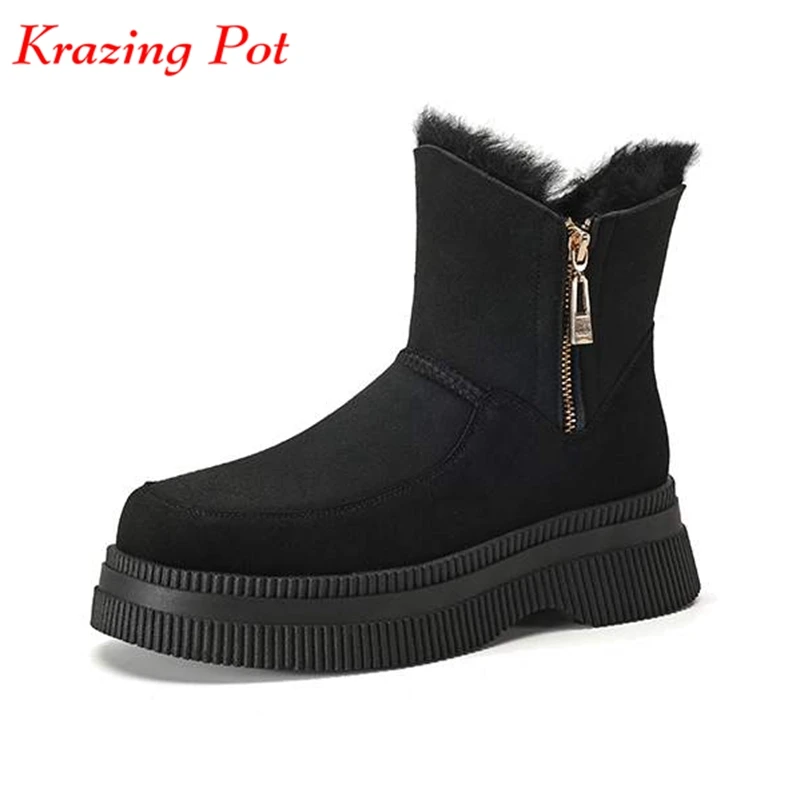 

Krazing Pot Round Toe Shearling Wool Natural Fur Winter Keep Warm Casual Snow Boots Platform Thick Bottom Zipper Ins Ankle Boots