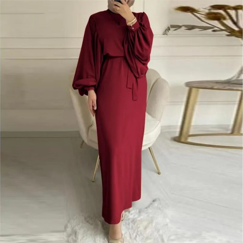 Boho Women\'s Dress Spring Fall Fashion Lantern Long Sleeve Belt Bag Hip O-Neck Casual Maxi Dresses For Women Robe Vestidos