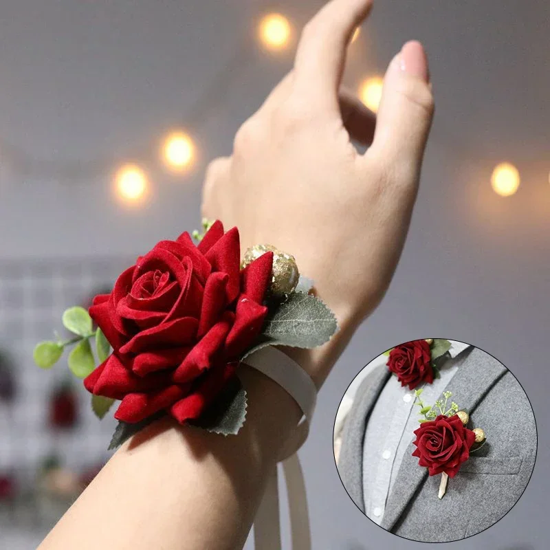 Fabric Roses Wrist Corsage Wedding Bracelet for Bridesmaid Brides Hand Flower Fake Roses Wedding Bracelet for Guests Accessories