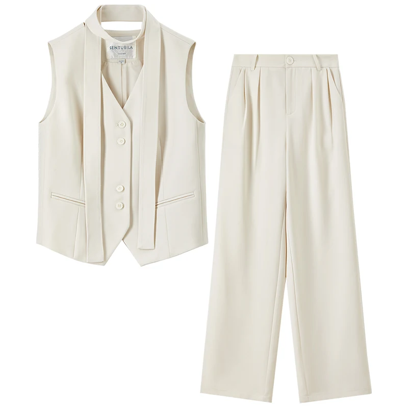 SENTUBILA Summer Women's Suit Two Piece Set Halter Neck Streamer Vest Straight Trousers Pant Sets 2025 Ladies Clothing 143Z55952