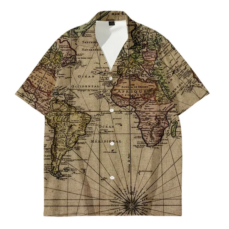 

Vintage Hawaiian Map Shirts for Couples, Creative Short Sleeve Beach Vacation Outfits