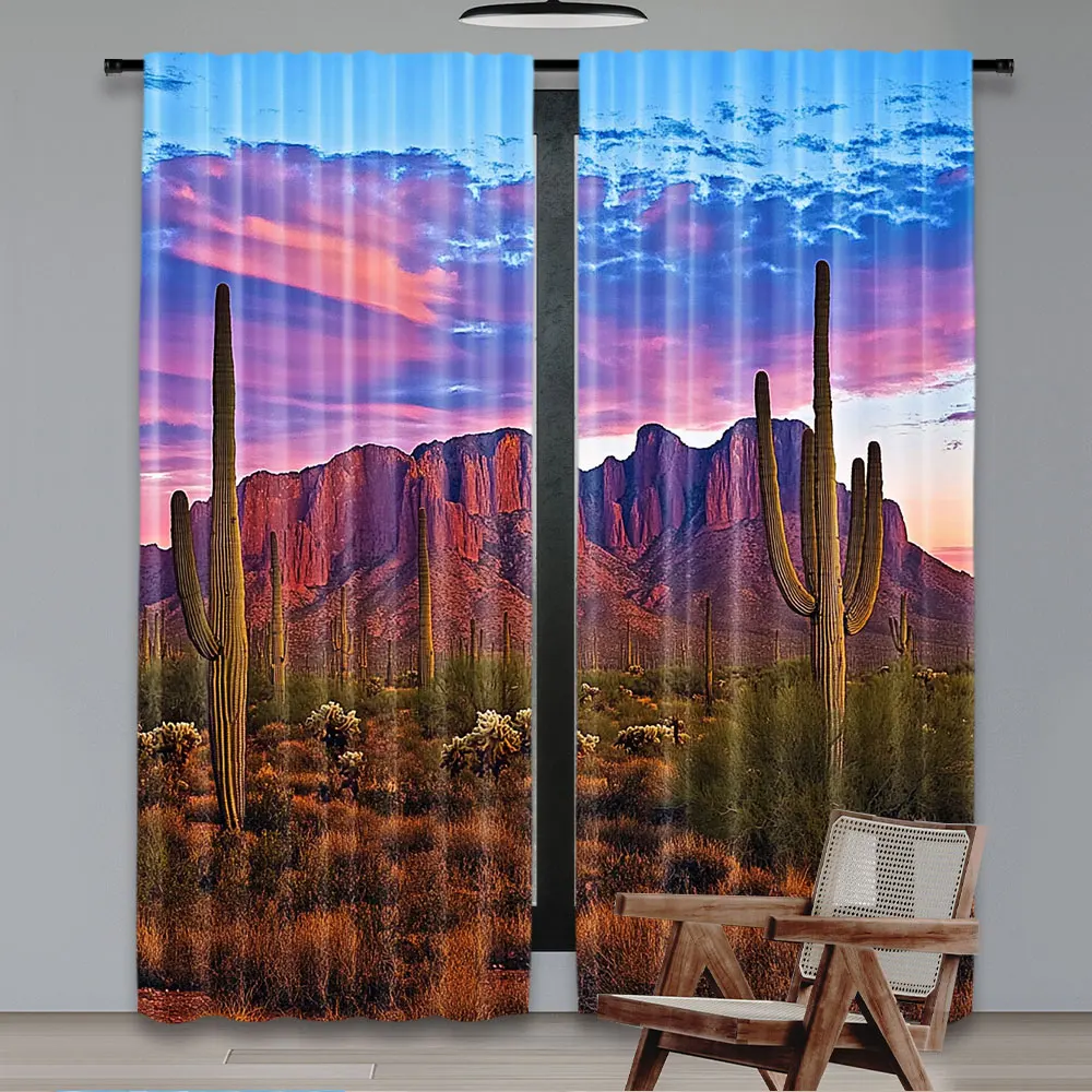 2Pcs Arizona Desert Curtain Western Party Decor Blue Sky Sand Dunes Cactus Wilderness Mountain Window Drapes Suitable For Living