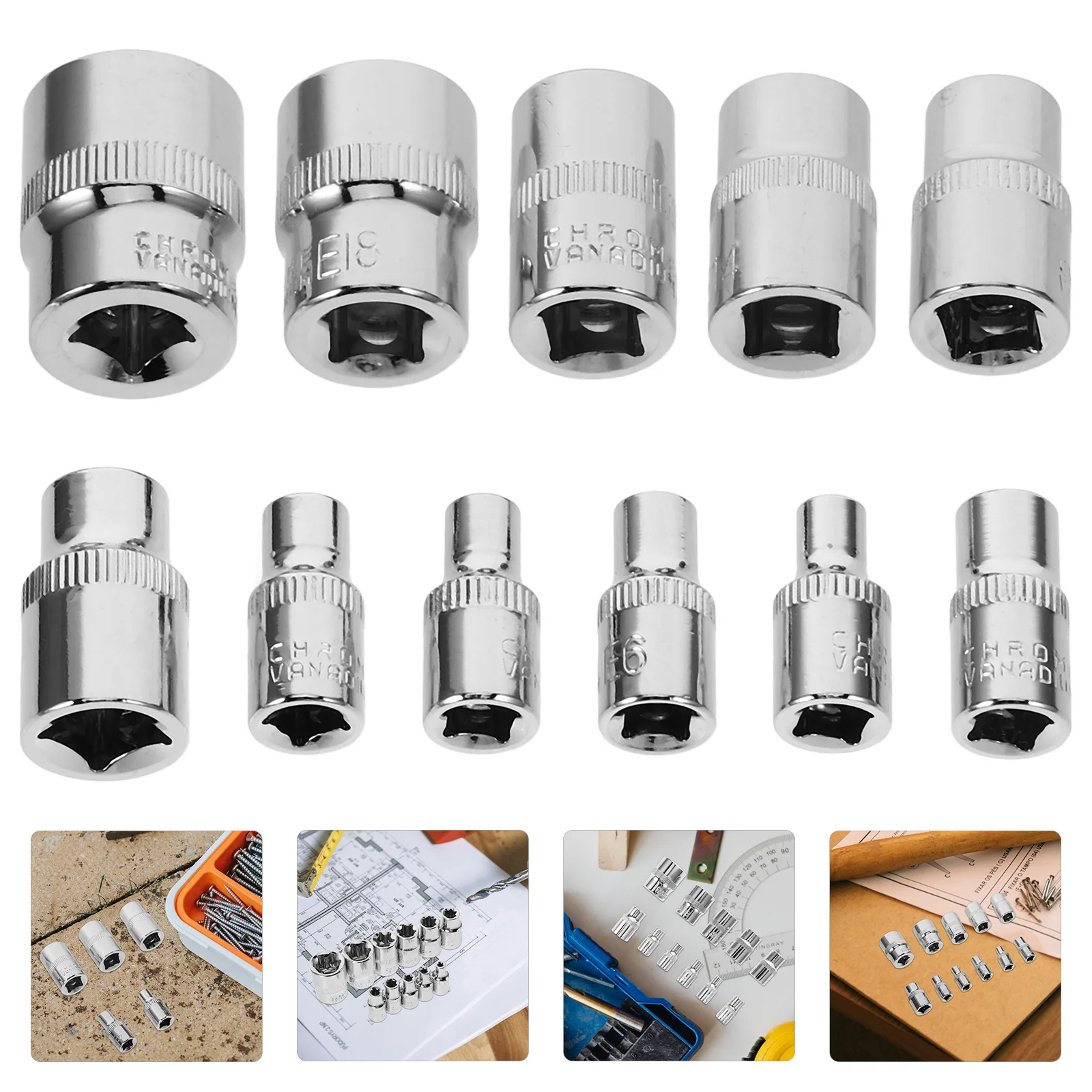 

11Pcs Hexagonal Socket Set Vanadium Steel Made Long Sleeve Head Anti-Slip Plated Finish for Machine Auto Repair Home Use E
