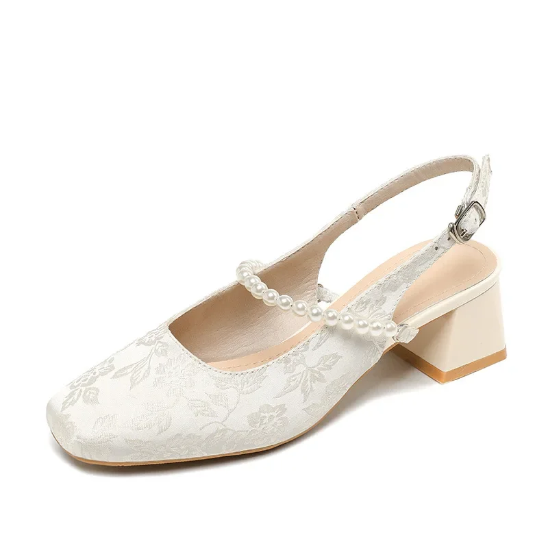 2024 Women Square Toe Pumps Pearl Decoration4.5CM Square Heel National Style New Chinese Style Pearl Jacquard Baotou Women Shoes image 6