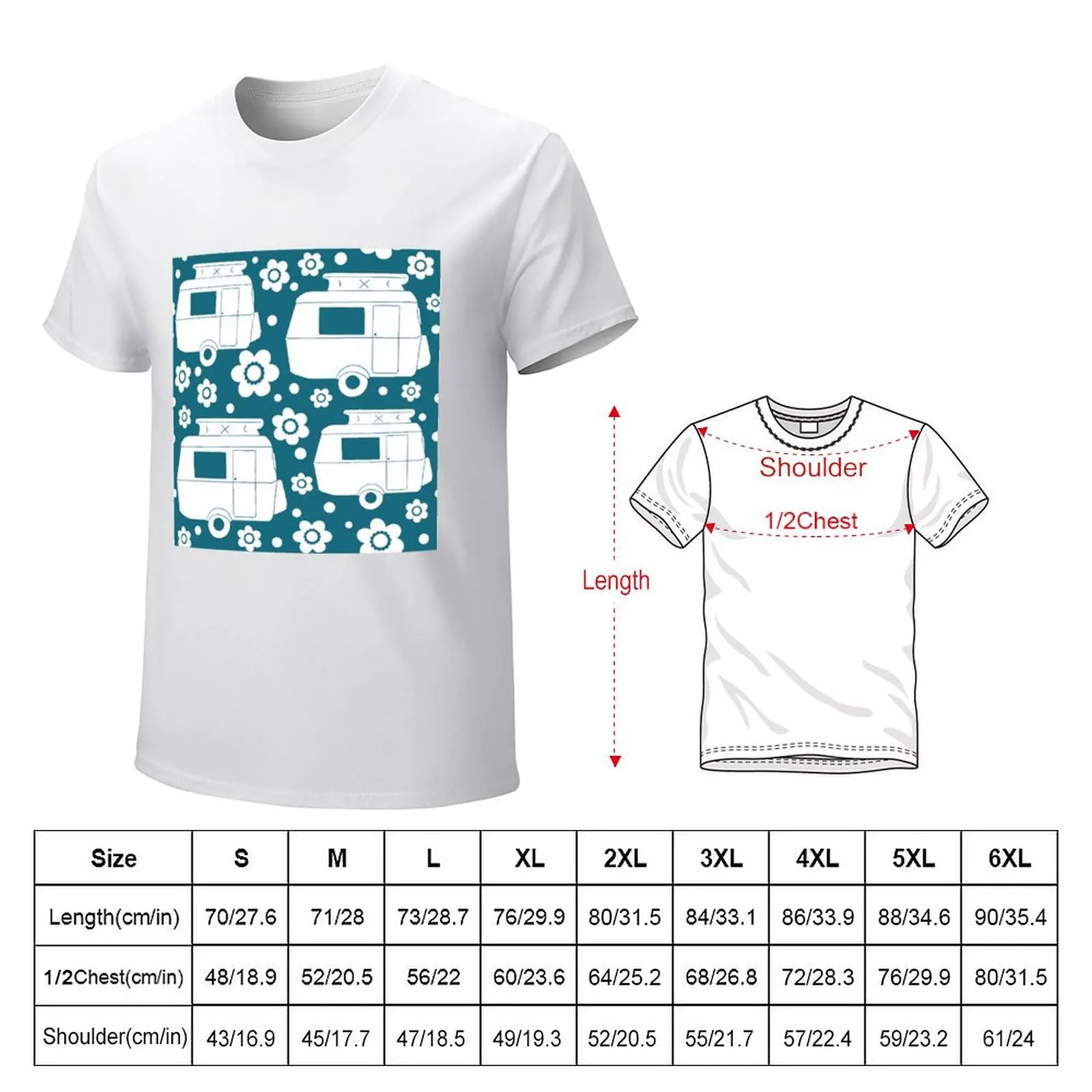 Daisy Polka Dot Vintage Caravan Pattern in Teal and White T-Shirt kawaii clothes funnys t shirts men