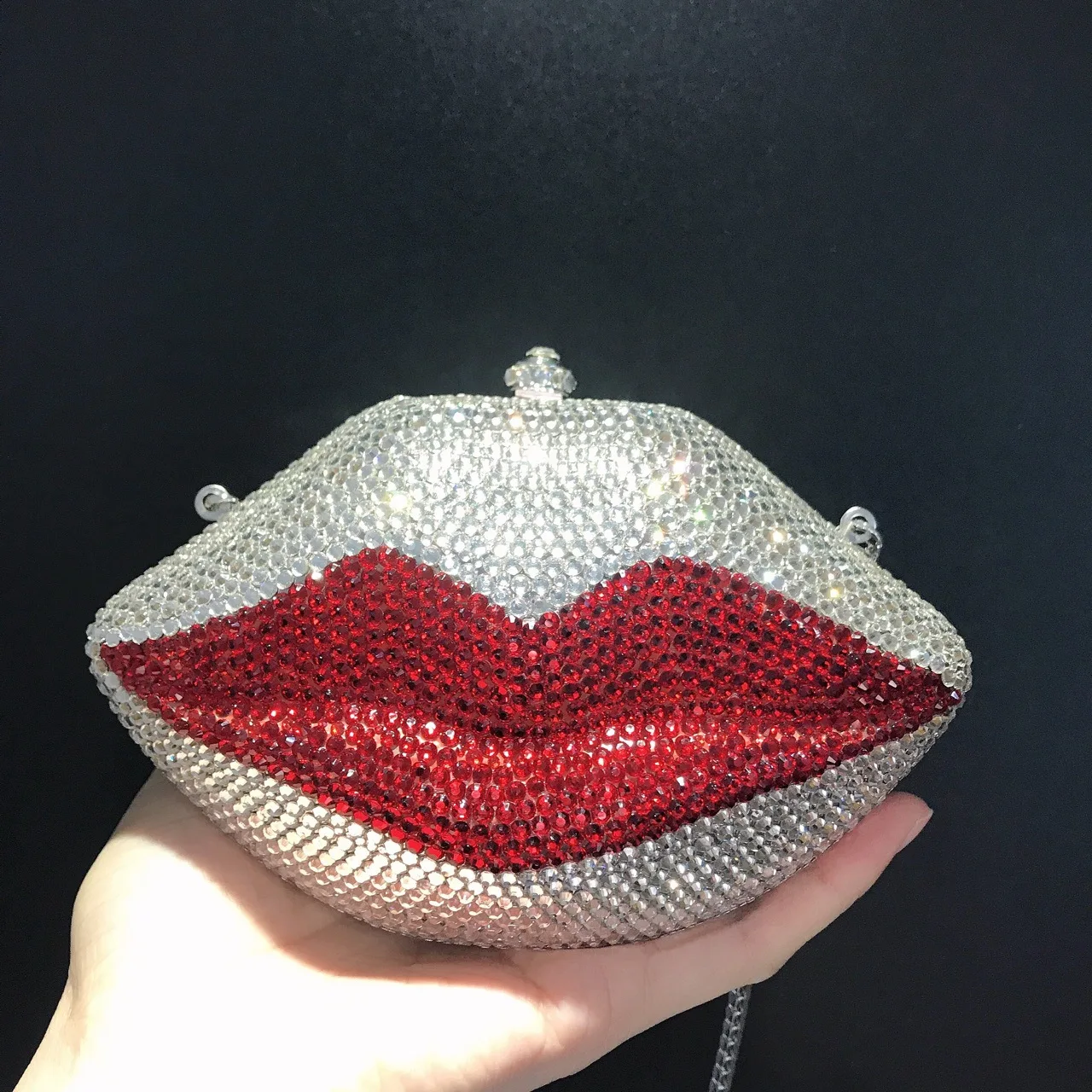 Lips Diamond Dinner Gem Bag Banquet Rhinestones Handle Style Hard Box Full Diamond Chain Women's Bag Trendy Snap Closure Handbag