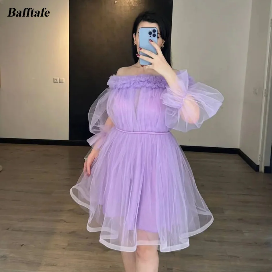 

Bafftafe Lavender A Line Short Prom Gowns Puff Long Sleeves Graduation Dresses Women Special Formal Party Homecoming Club Dress