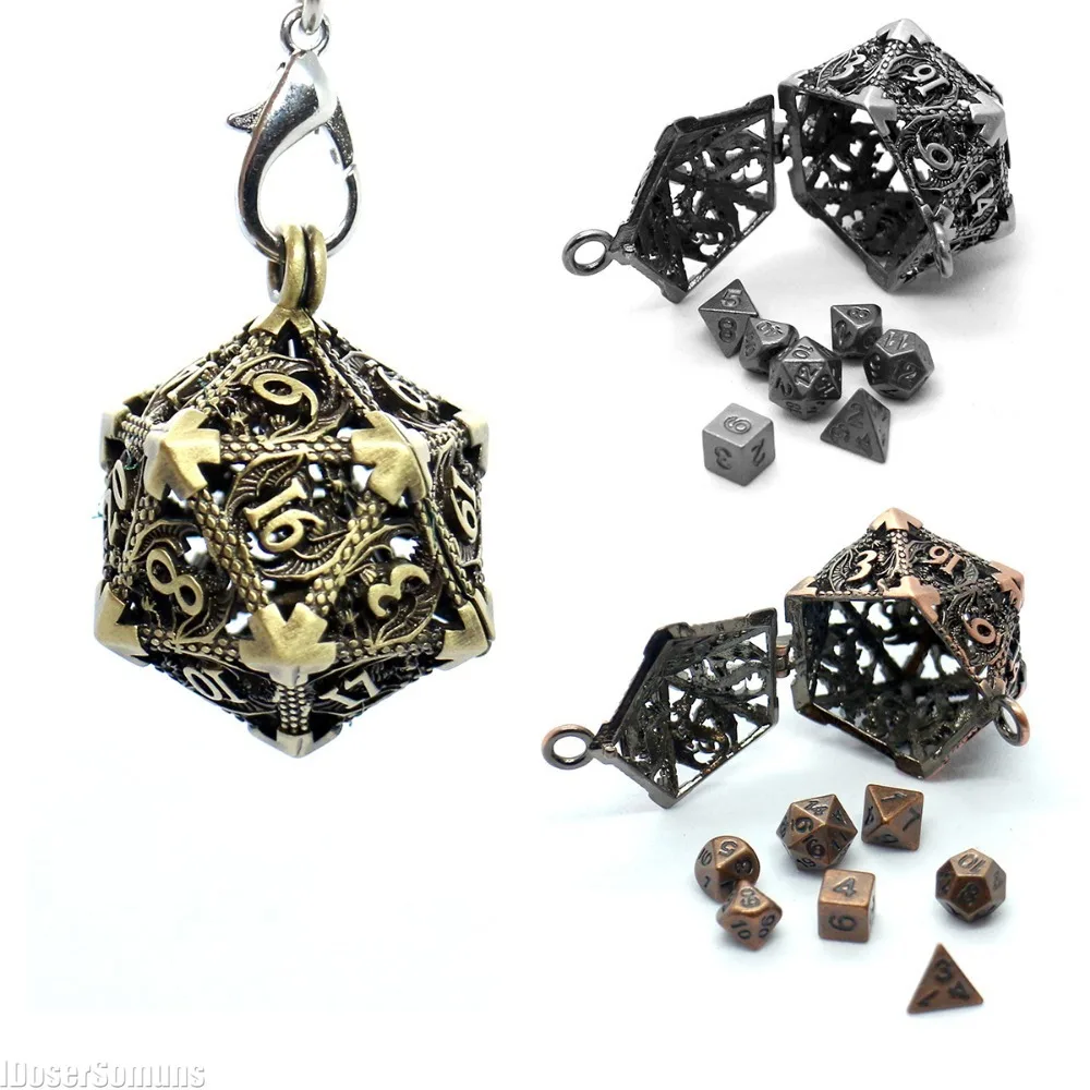 Small Portable with Hollow D20 Metal Case Tiny 7pcs Polyhedral Metal Dice Set Gaming Dices Accessory Keychain