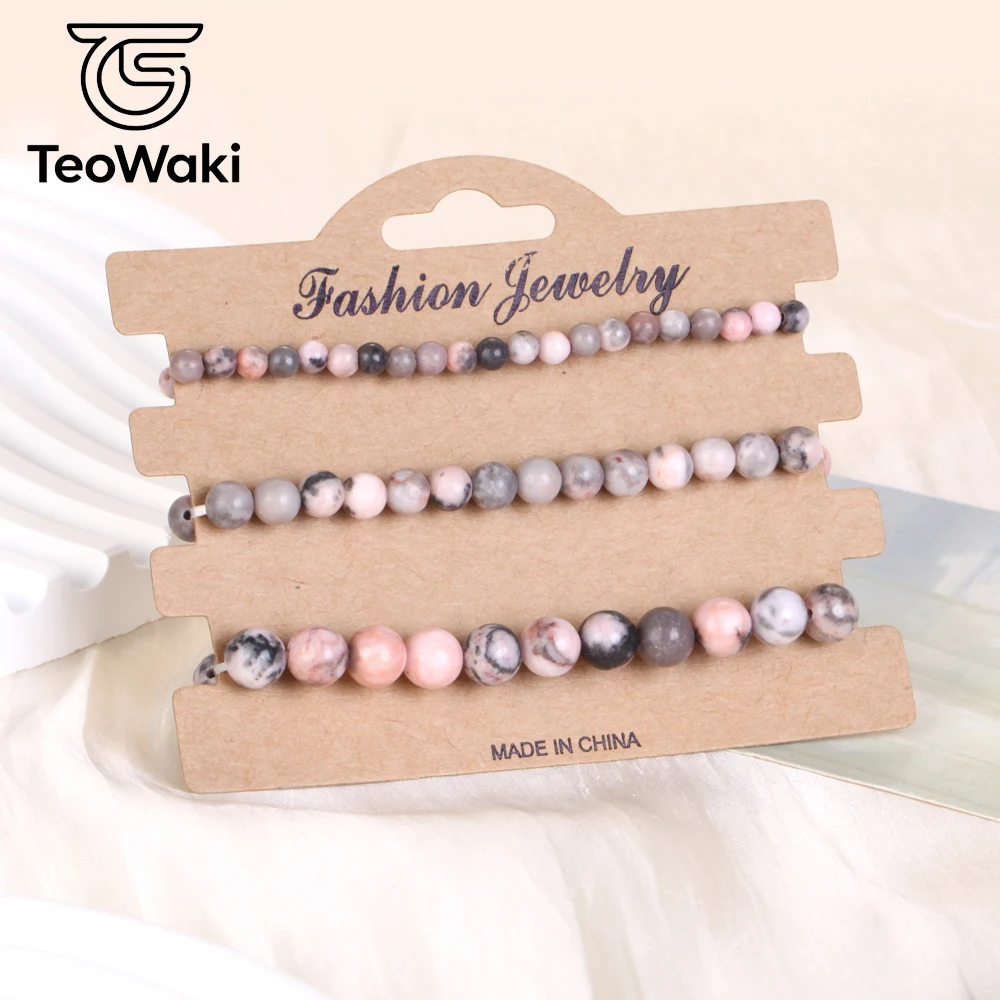 3Piece TeoWaki Pink Zebra Jasper Elastic Bracelet Natural Stone Symbol of Wisdom improve study & work efficiency for Women Men