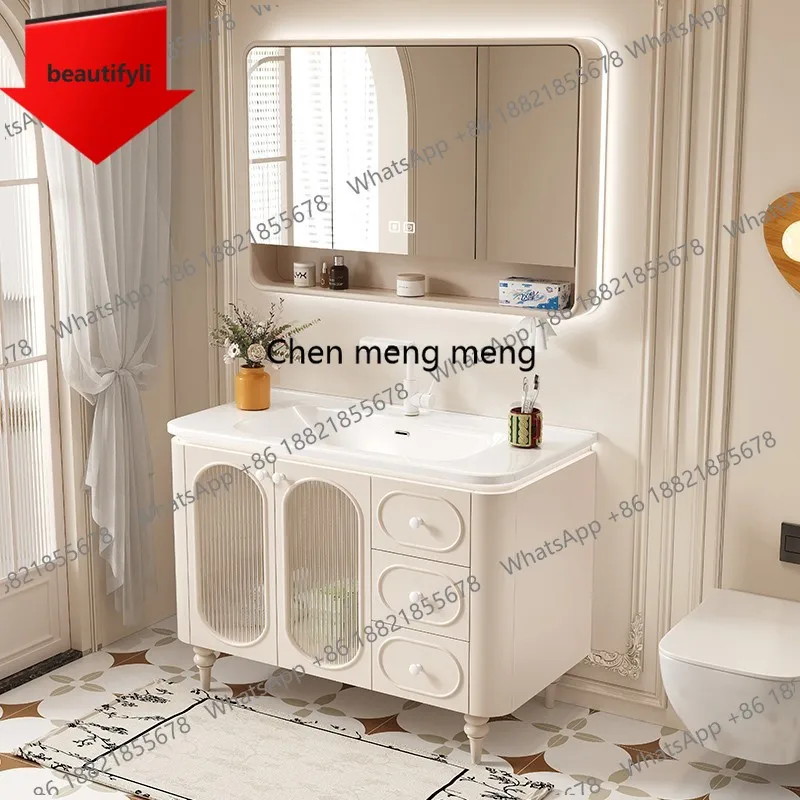 

A46 Modern Minimalist White Bathroom Cabinets Ceramic Integrated Basin Solid Wood Floor Vanity Cabinet with Sink Bathroom Furnit