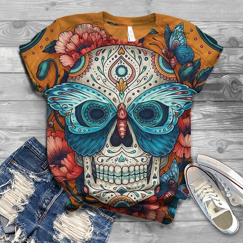 T-shirt mode décontracté rétro crâne de mort imprimé 3D été col rond haut confortable T-shirt