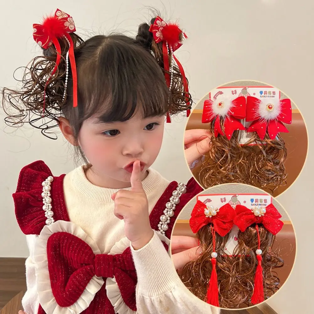 Chinese Style Bowknot Wig Hair Clip Girl New Year Ancient Style Children Hair Clip Hanfu Headdress Hair Accessories