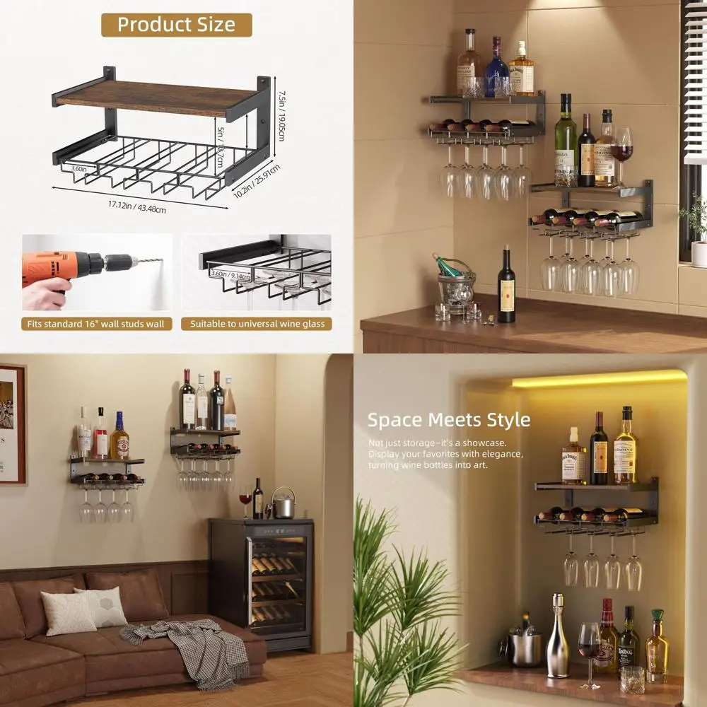 

Настенная винная полка в индустриальном стиле с держателем для бокалов и местом для хранения, для кухни, коричневая (комплект из 2 шт.)