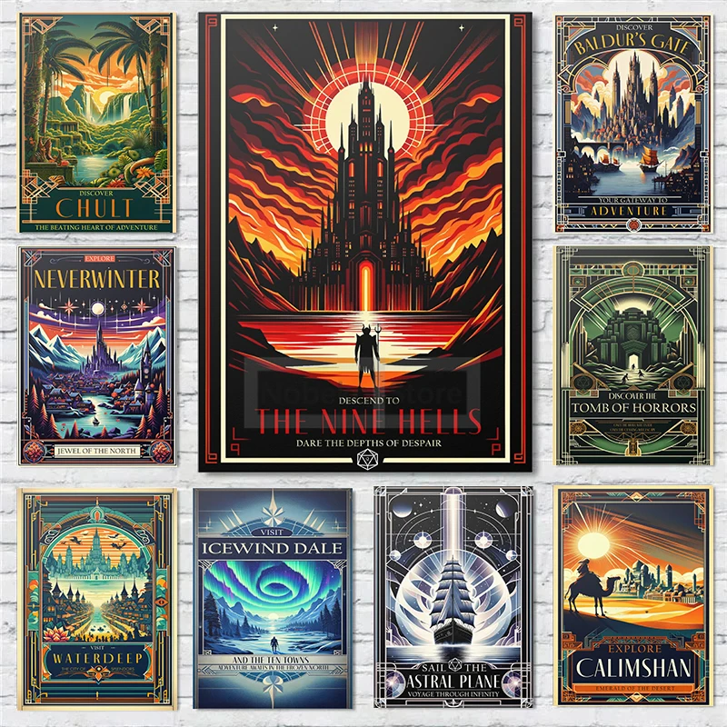 Dungeons and Dragons Game World Travel Poster Fantasy RPG Prints Canvas DnD Wall Art Pictures Home Room Tabletop Gaming Decor