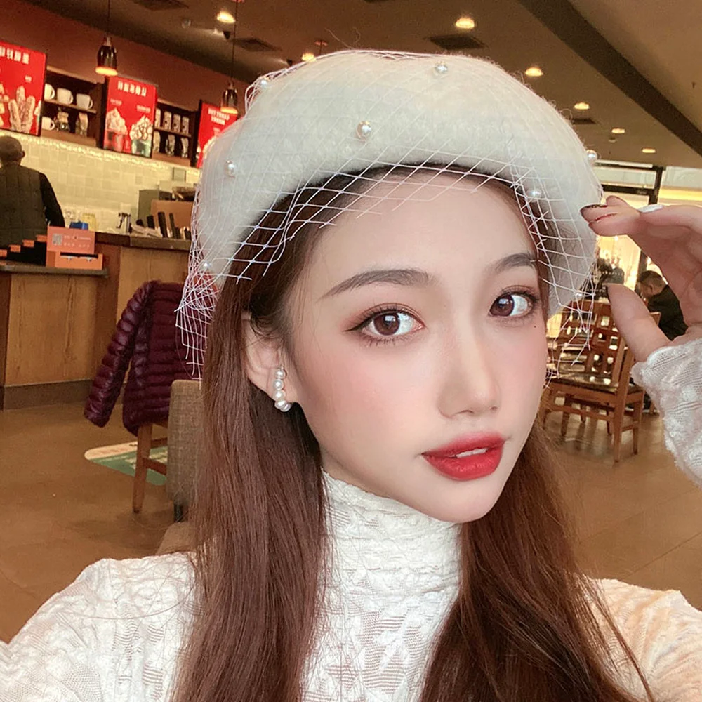 Retro Beret British Mesh Cap Elegant Female Fedoras Mesh Bow Floral Wedding Tea Party Wool Pearl Berets Fedora Hats For Women