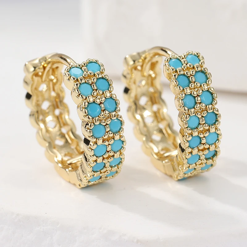 Classic Fashion Gold Color Hoop Women's Earrings Exquisite Metal Hand Carved Inlaid Imitation Turquoise Jewelry