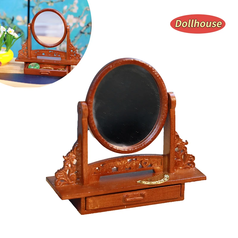 

1set Dollhouse Miniature Wooden Vanity Table + Jewelry Set With Mirror Makeup Dressing Table For Bedroom