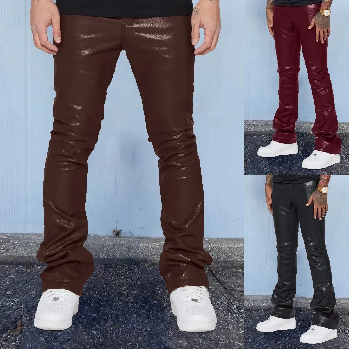 Leather Pants Men Long Pant Solid Mid Waist Casual Regular Pleated Splice Straight Trousers Button Pocket Autumn Winter