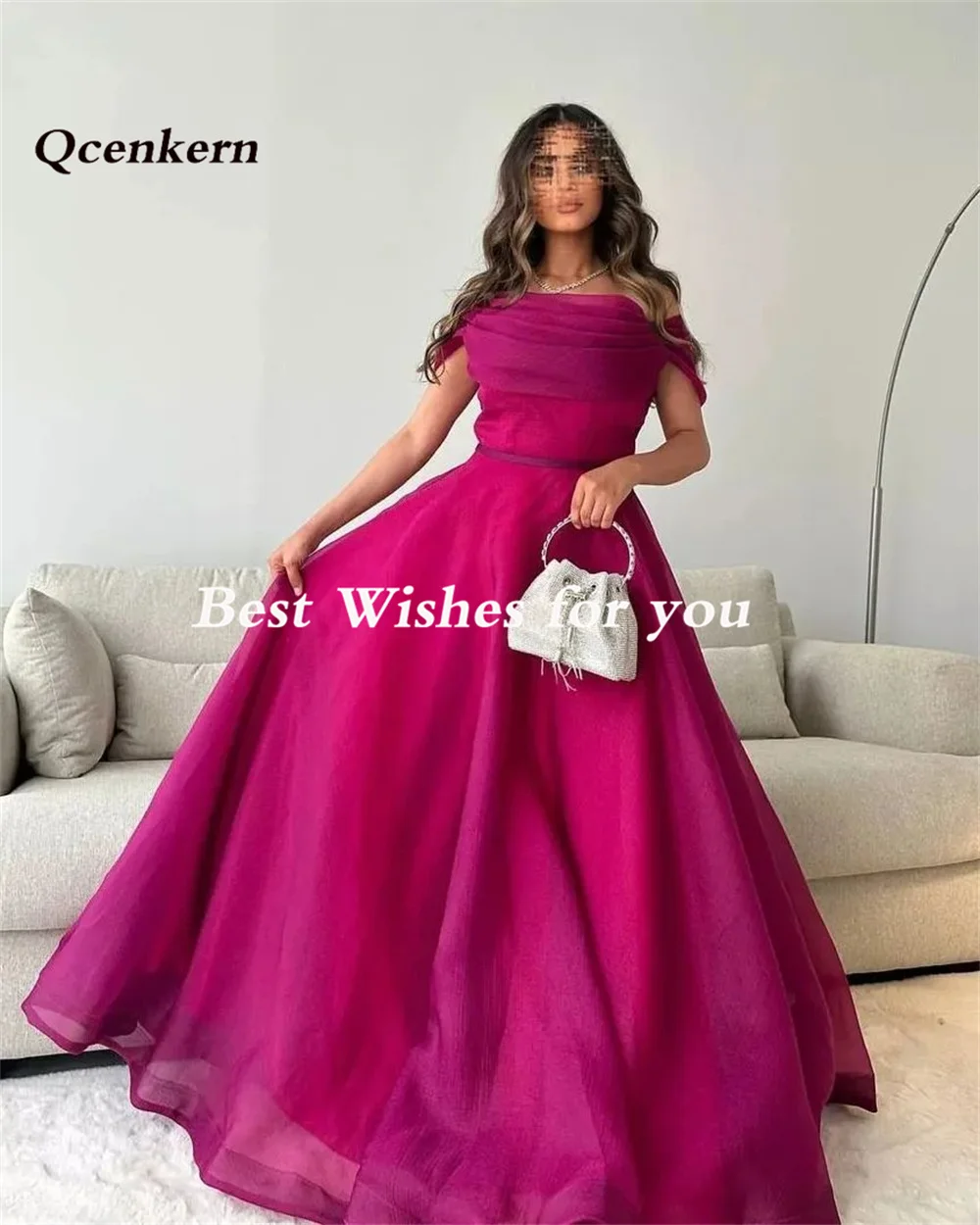 Qcenkern Strapless Celebrity Party Dresses Off the Shoulder Prom Dress Organza A-Line Simple Tea Length Formal Dress for Women