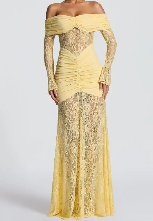 

Sexy Women's Dress 2026 Summer New Crochet Lace One Neck Off The Shoulder See Through Elegant Hip Hugging Fish Tail Dress