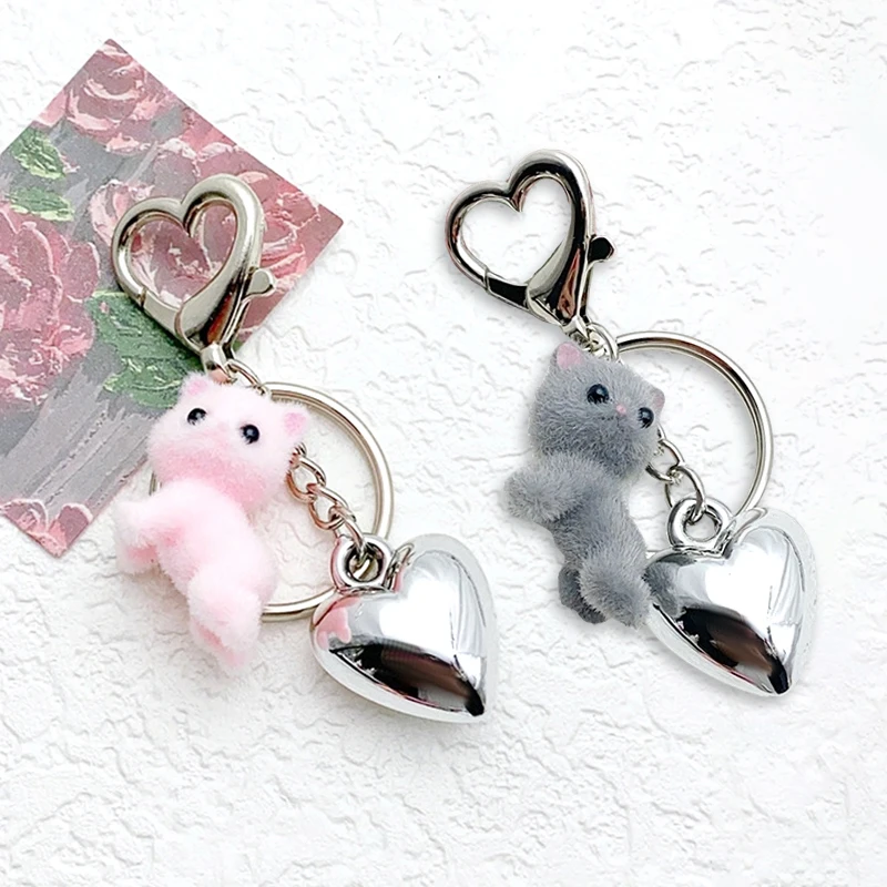 Cute Flocking Cat Rabbit Keychain Phone Chain Plush Bunny Phone Lanyard Keyring Car Key Holder Bag Pendant Earphone Camera Chain