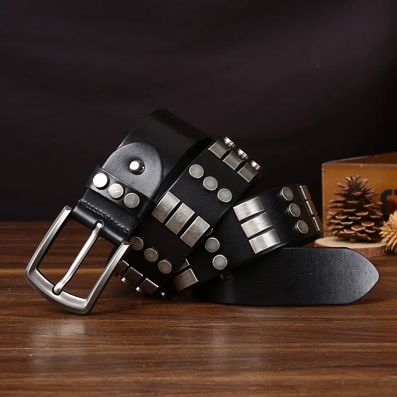 38cm-メンズ本革ベルト-男性用トップレイヤー牛革リベット付き-個性的カジュアルパンクヒップホップニッチバイクストラップベルト