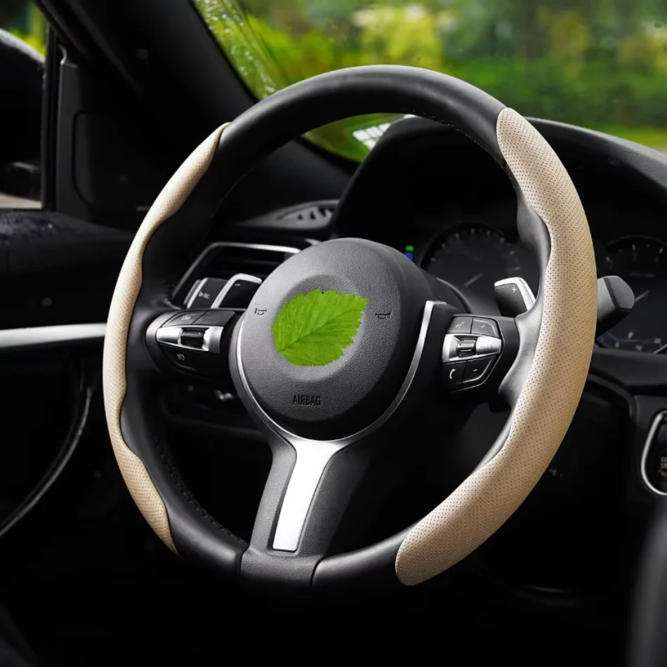 Universal D-Shaped Round Car Steering Wheel Cover with Ventilation Hole, Leather Absorb Sweat Anti-Slip Decoration Accessories F