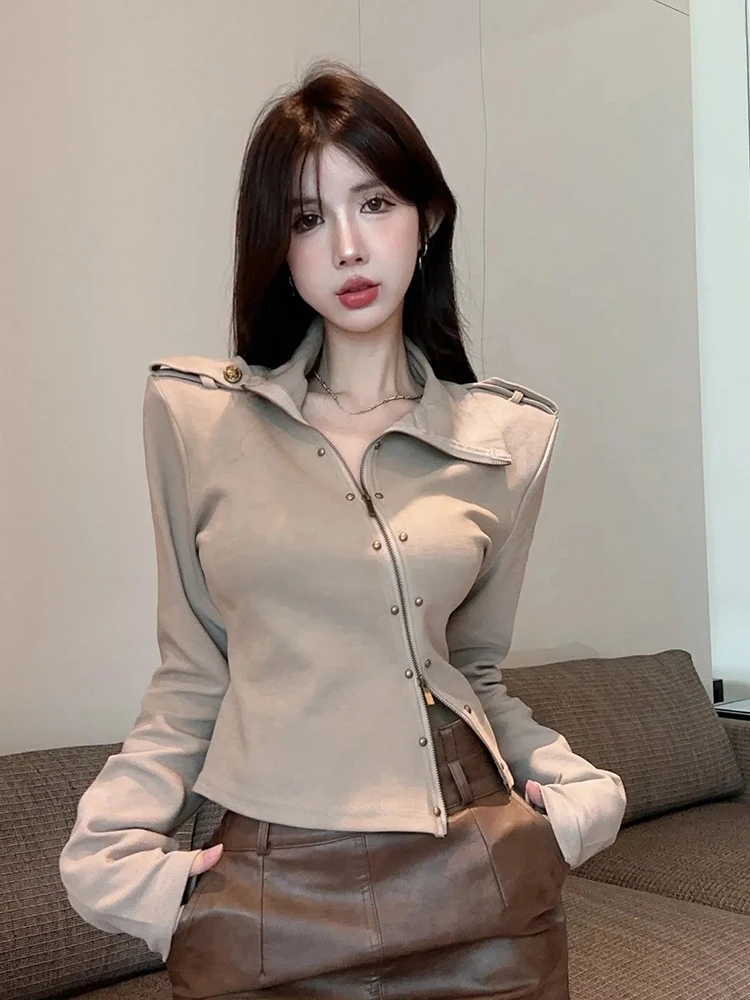 

Y2K Streetwear Crop Sweatshirts Women Slim Fit Zipper River Long Sleeve Zip Up American Vintage High Street Hottie Female Tops