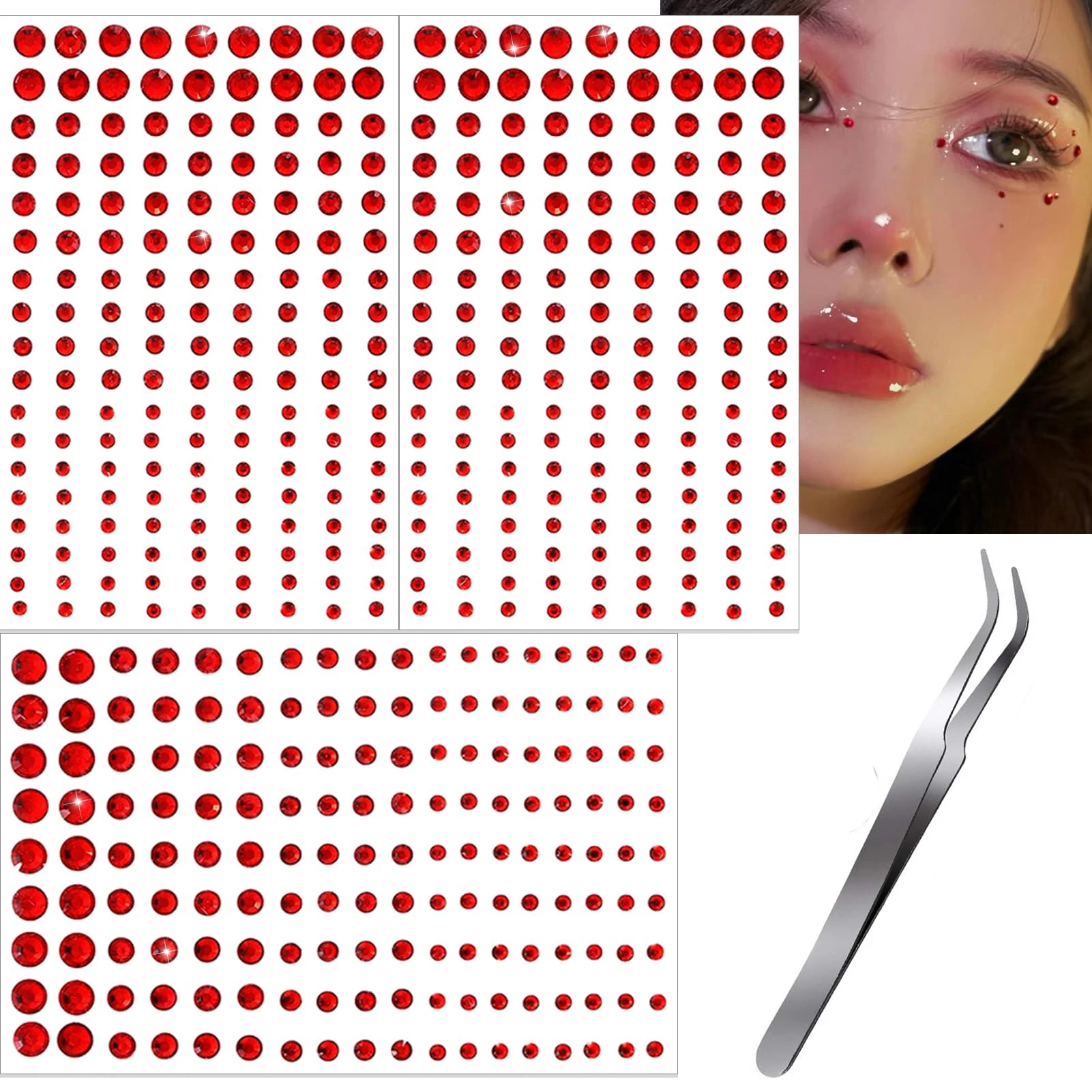 3 Sheets Christmas Red Face Gems Self-Adhesive Stickers Eye Jewels Rhinestone 3/4/5/6mm DIY Makeup Fake Piercing Body Jewelry