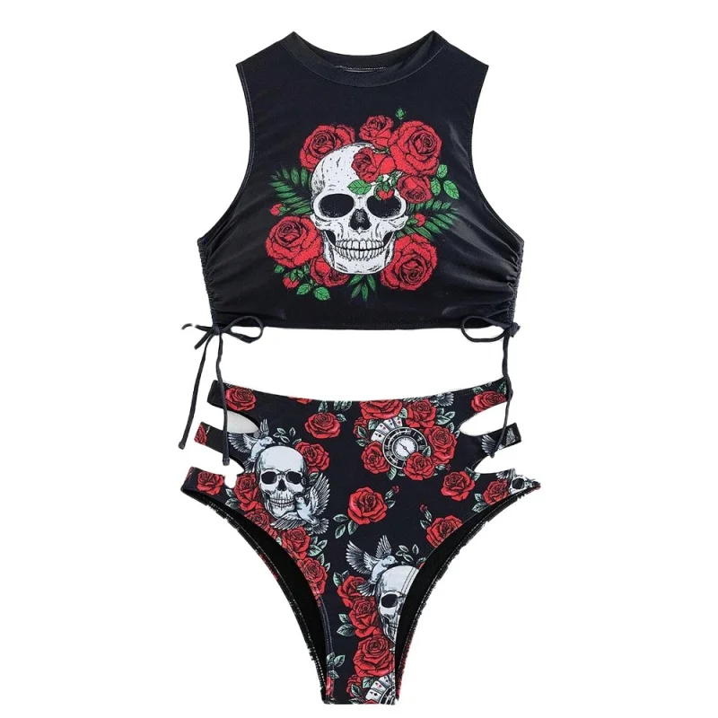 Nuovo costume da bagno Bikini Sexy fiore teschio stretto in due pezzi Ghost Head costume da bagno Beach