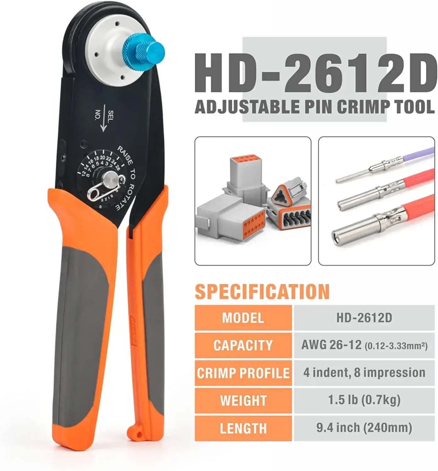 IWISS HD-2612D Deutsch Solid Contacts Adjustable Pin Crimping Tool AWG 26-12 for Size 12 16 20 Applicable To DT DTP DTM Series