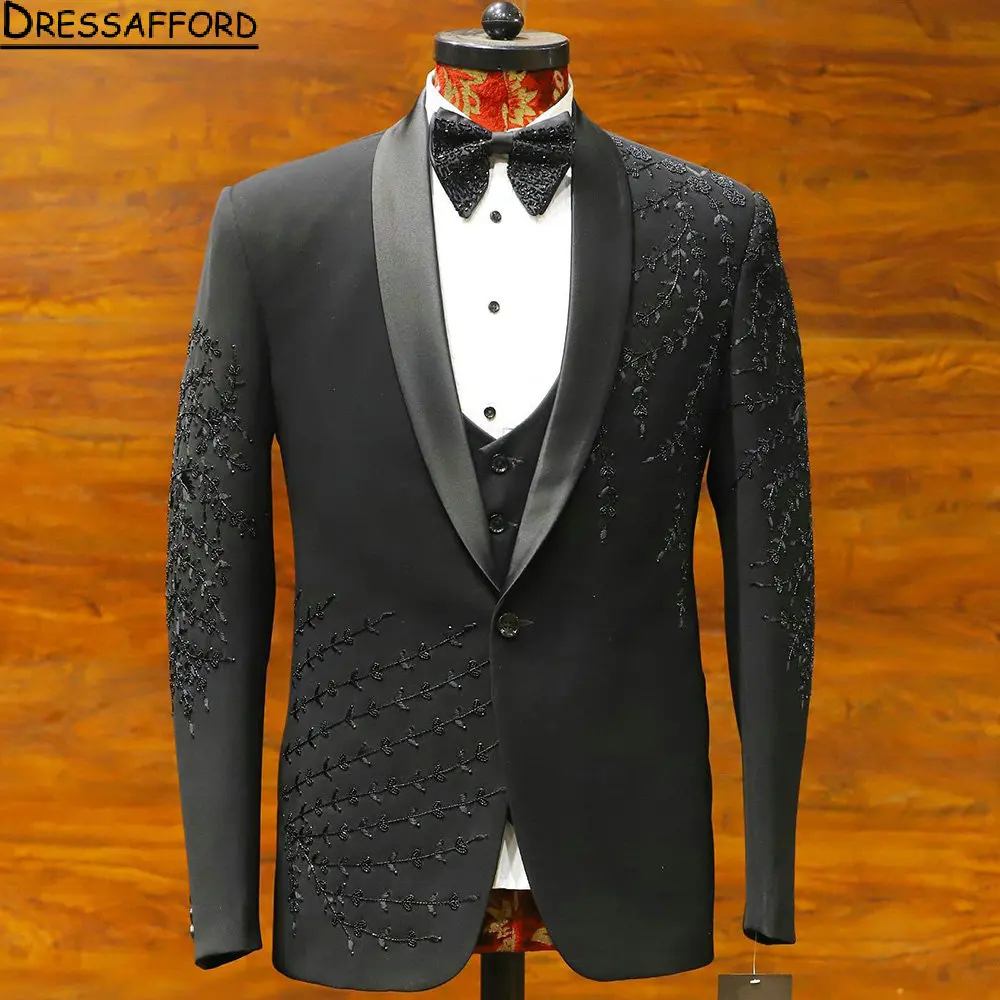 

Black 2 Pieces Blazer Pants Men Suits Sequined Appliques Beading Tuxedo High Fashion Wedding Prom Plus Size Custom Made