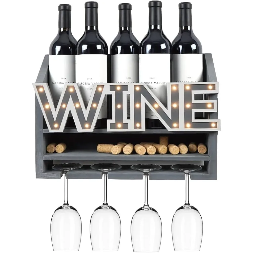 

LED Wooden Wall Mounted Wine Rack and Glass Holder –Rustic Wine Bottle & Glass Holder & Wine Cork Storage Modern Home