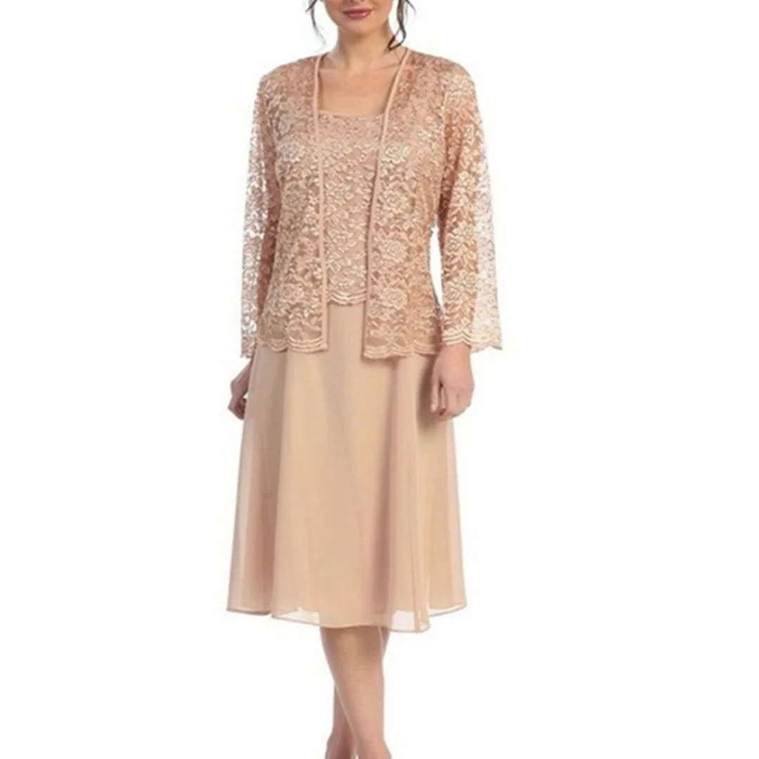 

Classic Champagne Knee-Length Mother of the Bride Dress with Lace Jacket for Wedding Celebrations and Formal Events Party Gowns