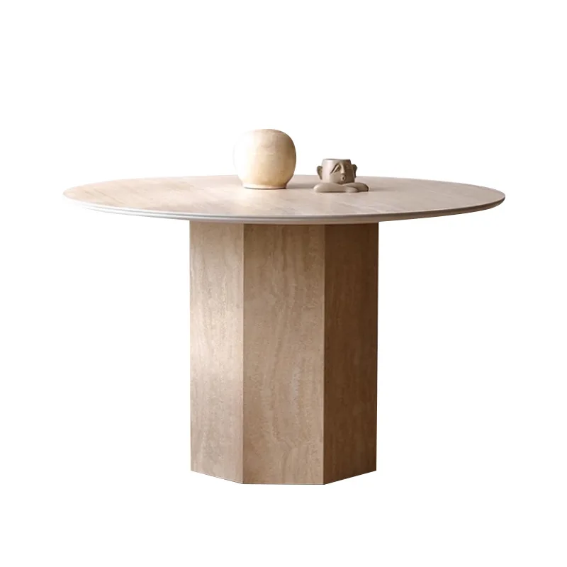

Medieval travertine rock slab solid wood round table modern simple designer living room small apartment light luxury