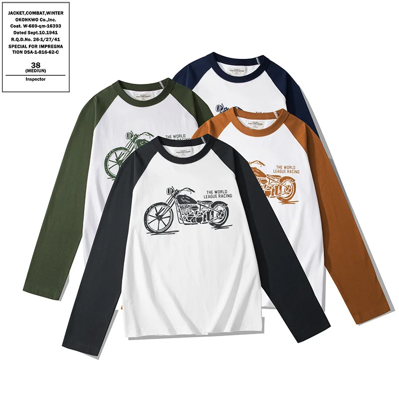 

OKONKWO Heavyweight 230g Motorcycle Raglan Sleeve Color Block T-shirt Men Women Lovers Letter Tee Outdoor Trekking Camp Clothes