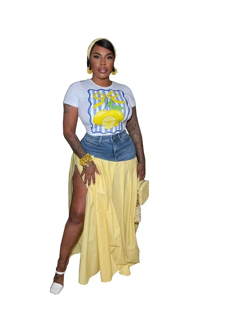 

Комплект из двух предметов, женские повседневные рубашки, топ, джинсовые лоскутные юбки, комплекты летней одежды, одинаковый костюм, Дашики, африканская одежда, наряды