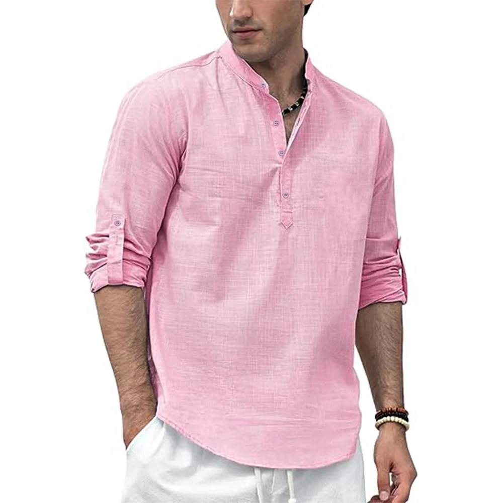 Men's Cotton Linen Long Sleeve Polo Shirt Lightweight Henley Neck Hawaiian Beach Style Solid Color Tops Vacation T-shirt - Image 4