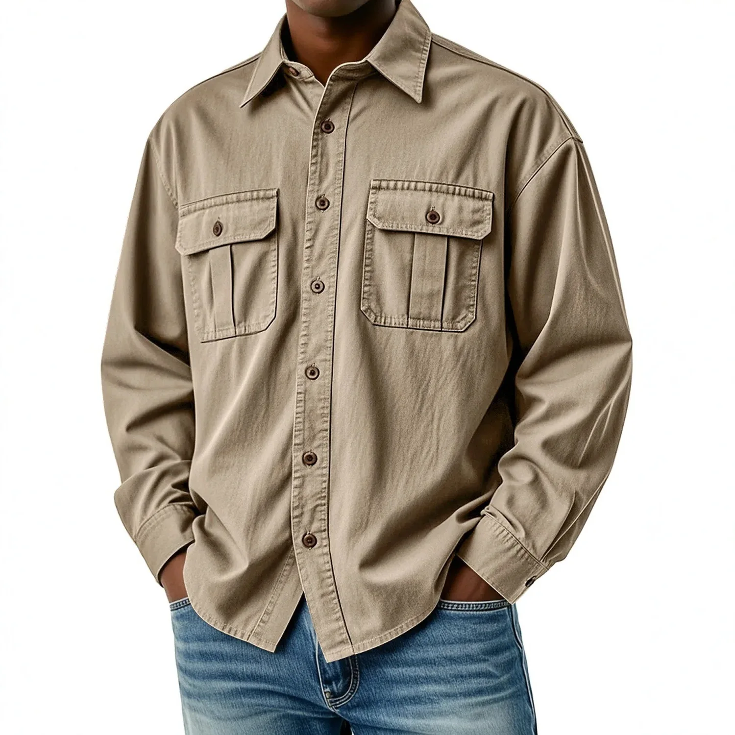 2026 Spring Autumn Men's Cargo Shirts Solid Vintage Turn Down Collar Casual Shirt Male Fashion Pocket Loose Long Sleeve Blouse