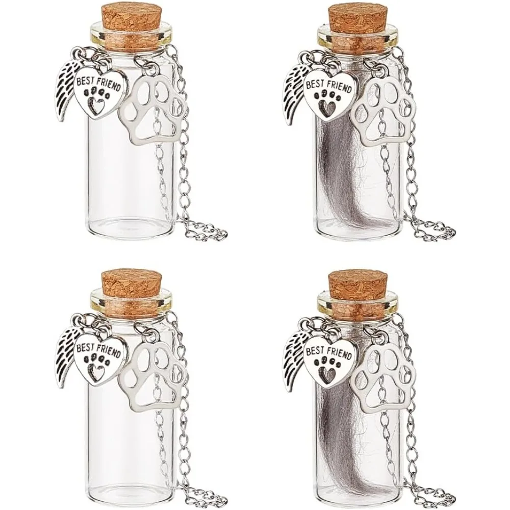 

4 шт., мемориальная банка из меха домашних животных, стеклянная бутылка для хранения волос домашних животных с подвесками в виде лап в форме сердца и пробкой, мемориальная урна на память для собак и кошек