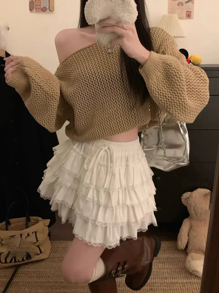 Sweet Lace Patchwork Cake Skirt Women 2025 New Lace Up Waisted Slim Fit A-line Mini Skirts Simple Solid Versatile Skort