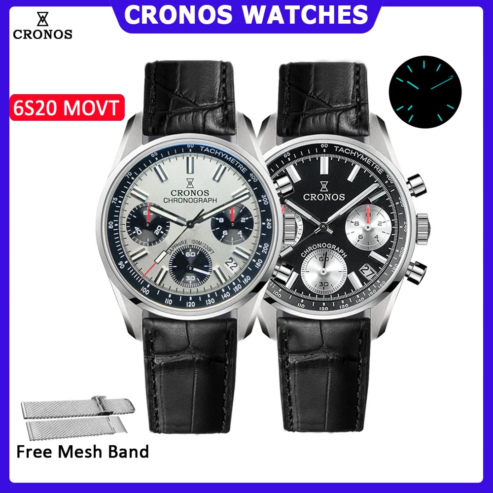 Cronos Chronograph Quartz Men Watch Miyota 6S20 Black&White Panda Dial Sapphire 10 ATM Tachymetre Leather Strap
