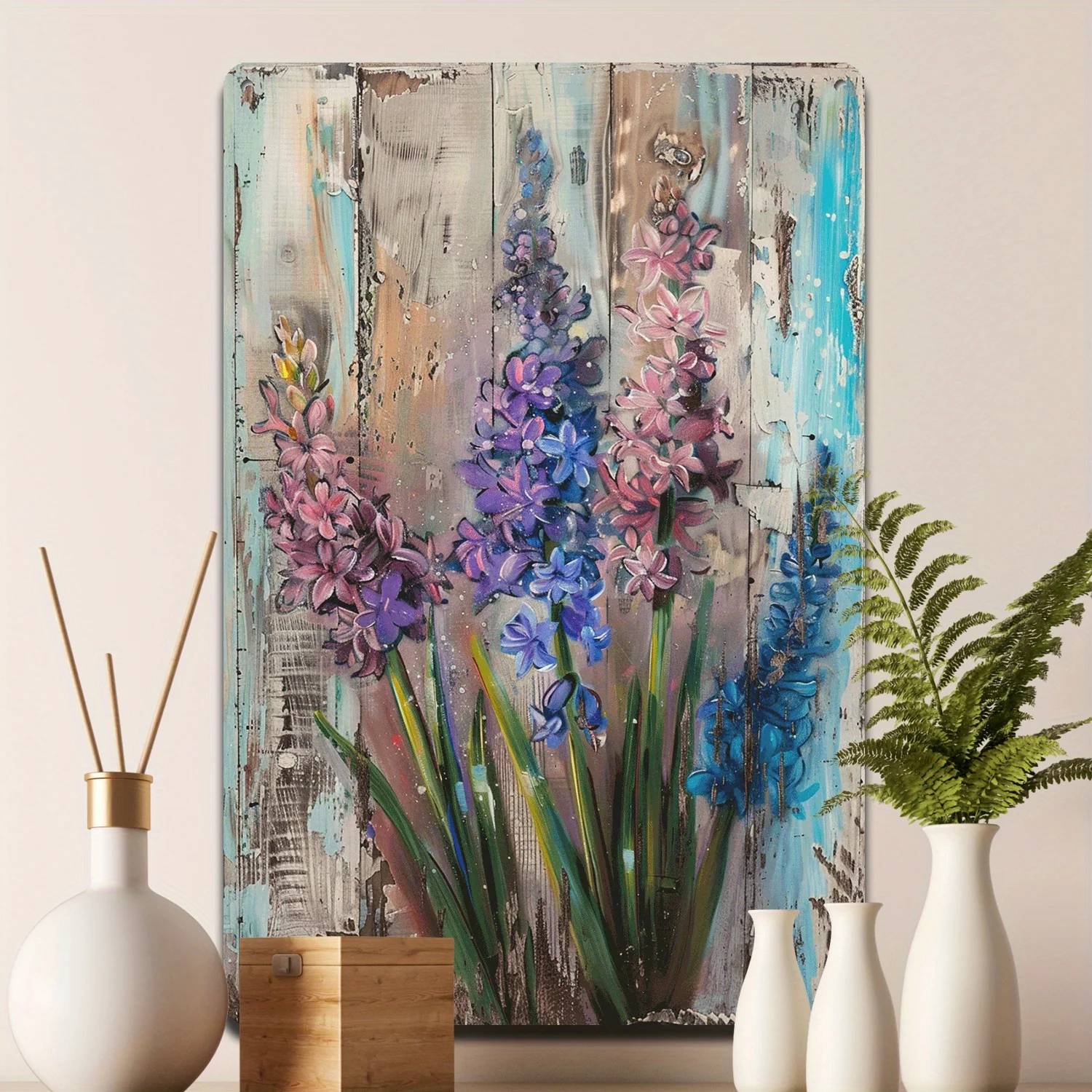 2D Flat 1pc 8x12 Inch(20cm X 30cm) Vintage Hyacinths Tin Sign for Rustic Wall Art Shabby Chic Style and Corrosion Resistant Al
