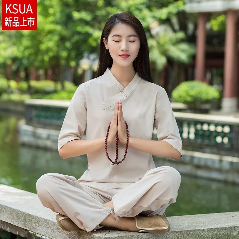 Women Yoga set Loose Cotton Linen Yoga Pants Half Length Yoga Top Pants Meditation Suit Tai Chi Kung Fu Martial Arts Clothing