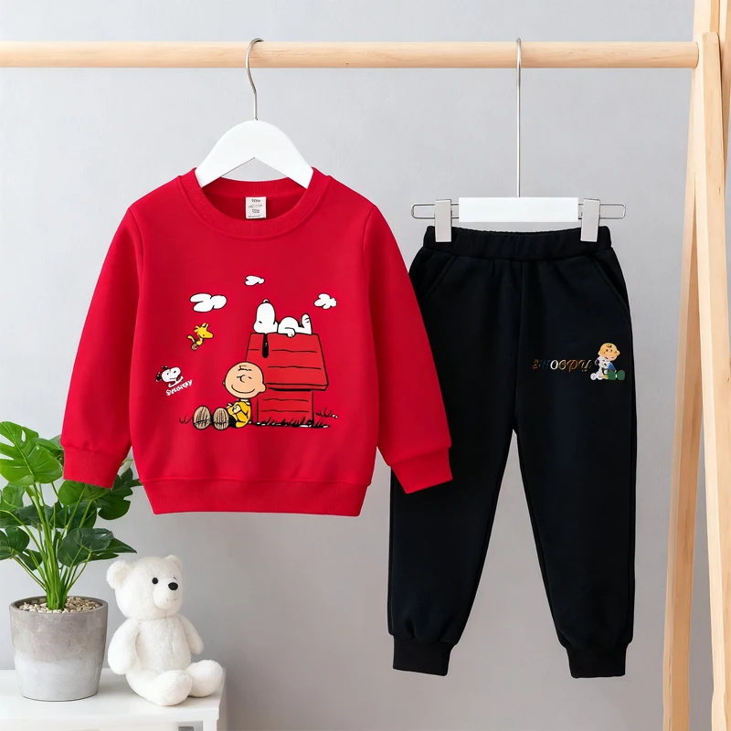 

Snoopy Hoodie Pants Set Cute Cartoon Anime Pattern Set Autumn Winter Outdoor Windproof Warm Velvet Set Children's Birthday Gift