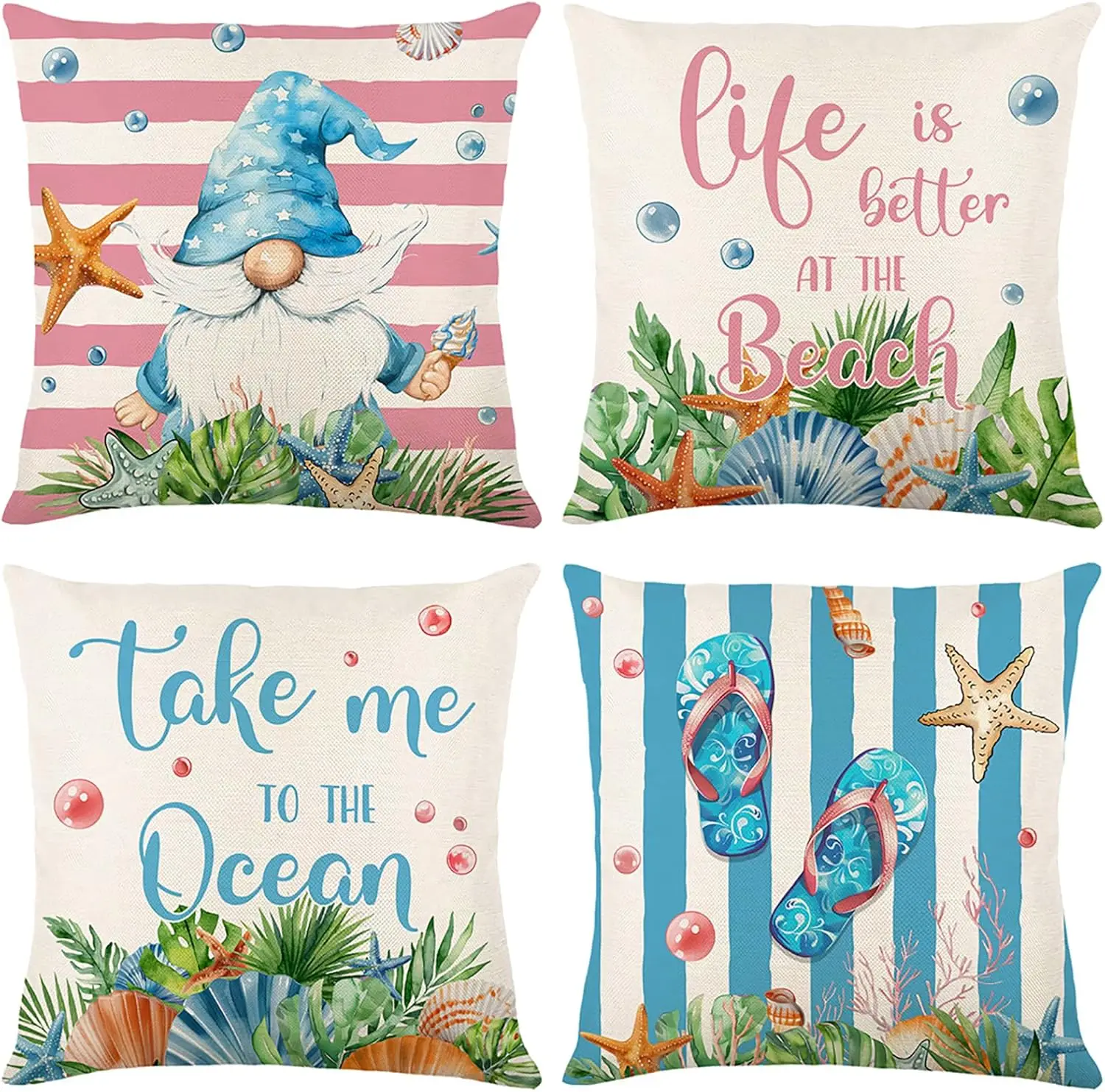 Summer Throw Pillow Covers 18x18 in Set of 4, Blue Ocean Theme Gnomes Flip Flops Pillow Cases for Couch Sofa