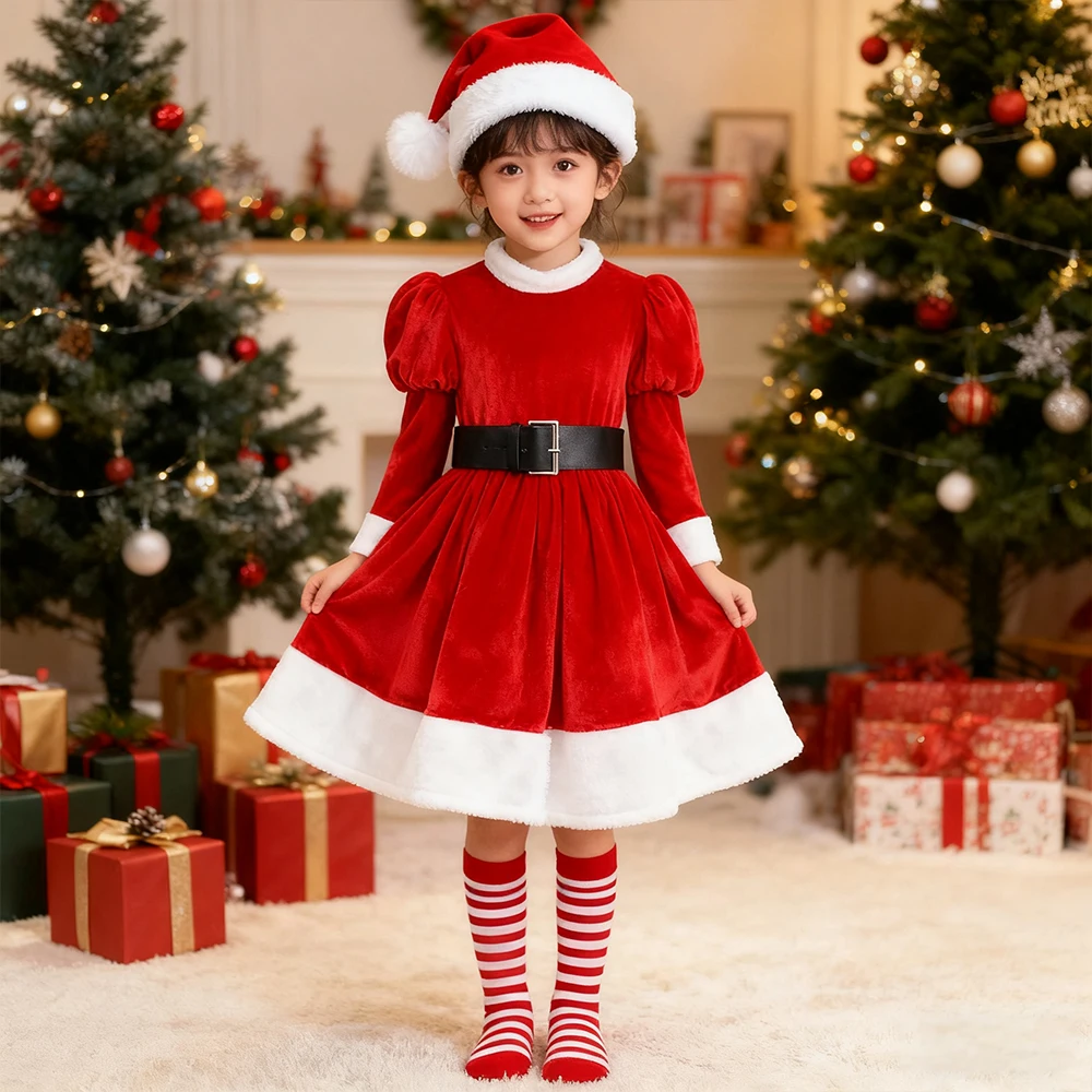 

Костюмы Санта-Клауса для косплея, рождественское платье с носками, шляпа, рождественское красное платье, праздничные платья для девочек, детское платье для девочек, Новый год